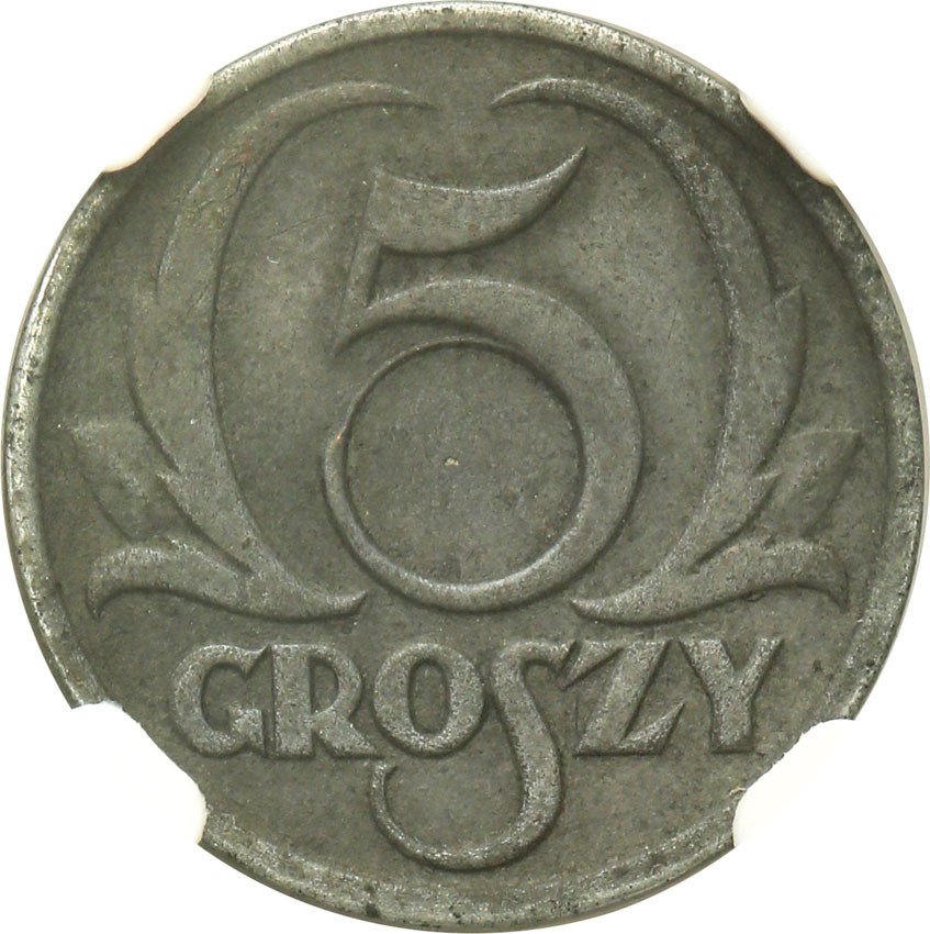 II RP. Generalna Gubernia. 5 groszy 1939 cynk BEZ OTWORU - DESTRUKT NGC AU55